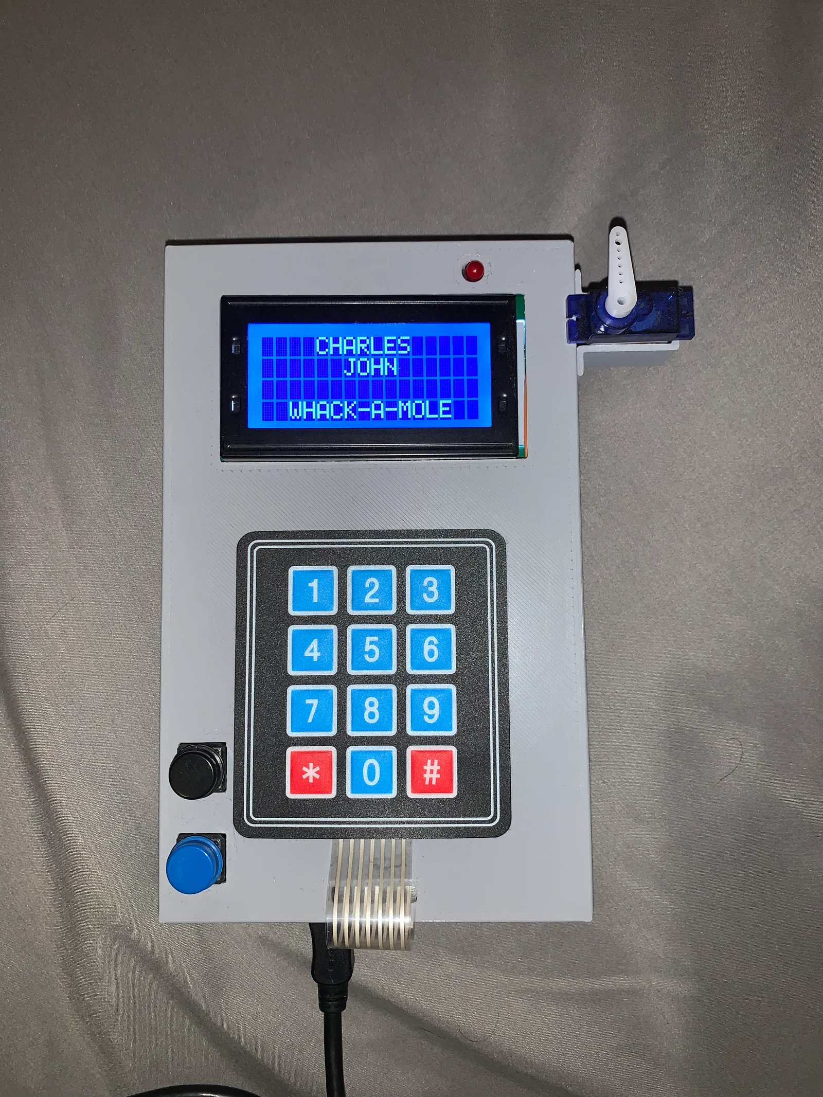 The assembled Whack-a-Mole game displaying its startup screen