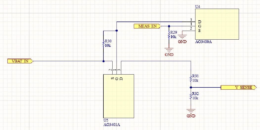 Battery sensing schematic showing the enable input, two MOSFETs, and voltage divider