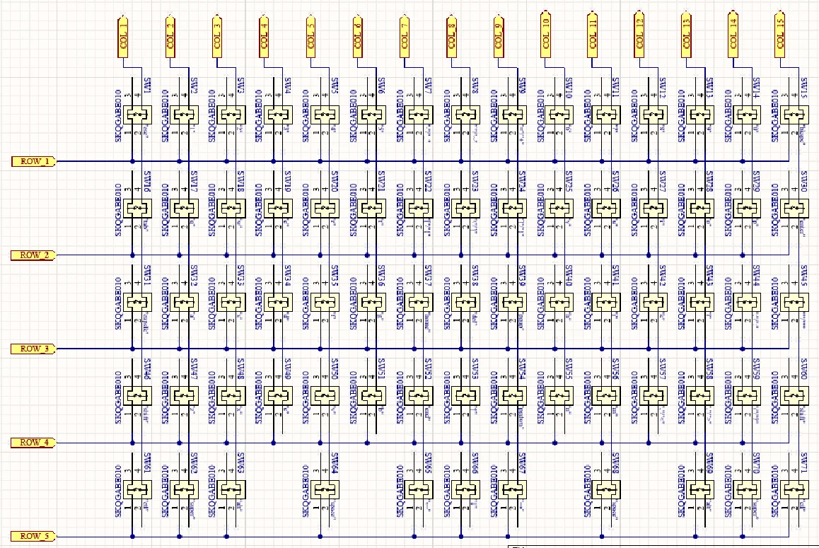 Schematic showing the keyboard’s five rows and fifteen column connections