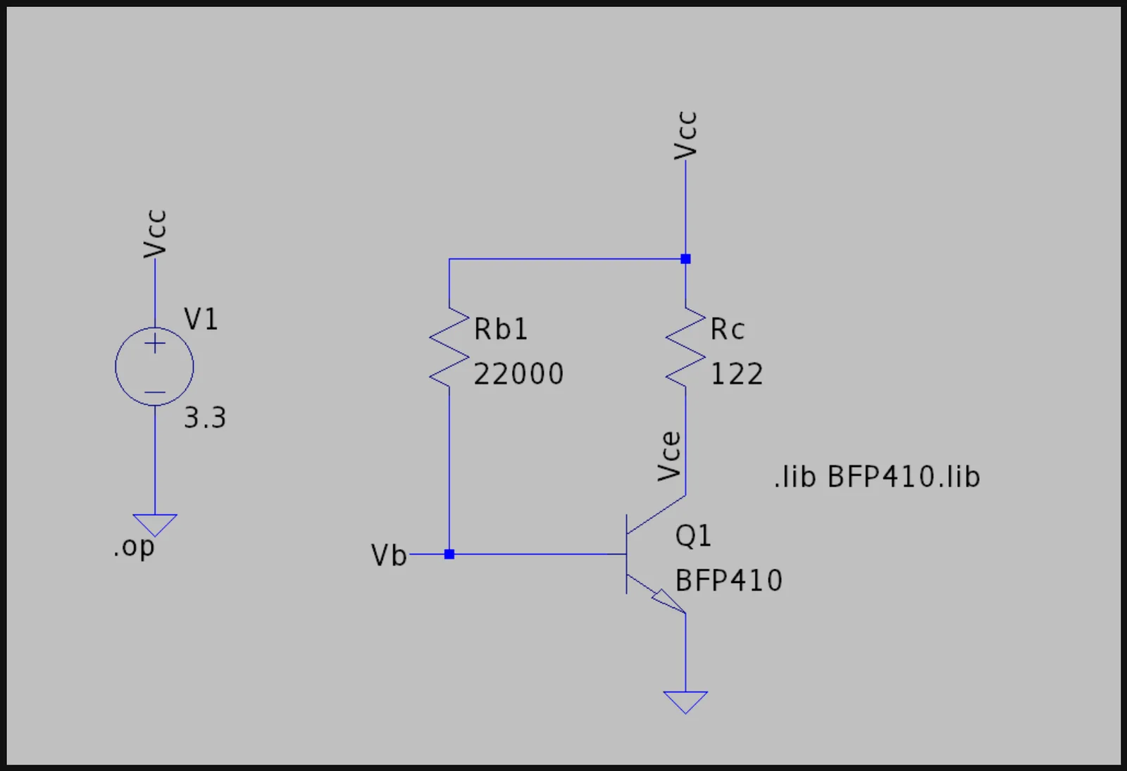 LTspice schematic of the BFP410 DC bias circuit